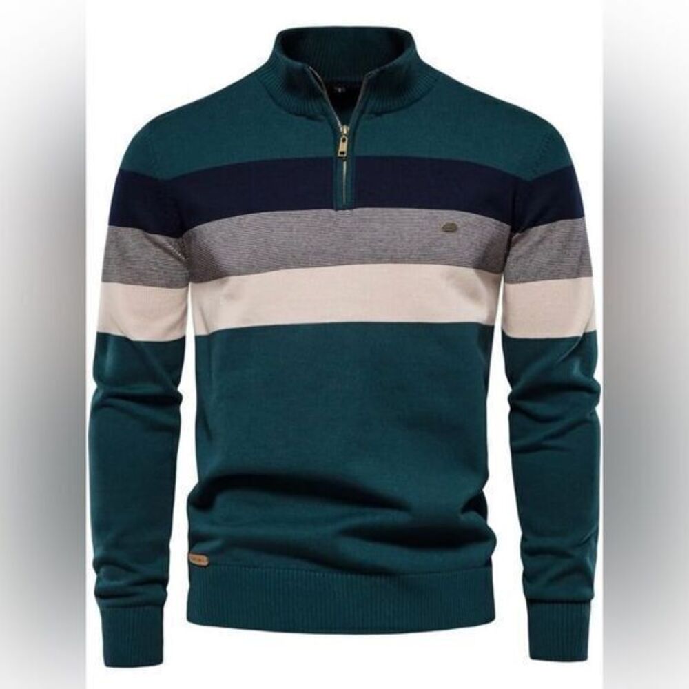 Aiopeson Sweater Men's 2XL Green Quarter Zip Pullover Mock Neck Long Sleeve Knit